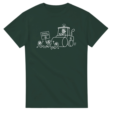 Satiriskt tryck med texten Återställ våtmarkerna på mörkgrön t-shirt