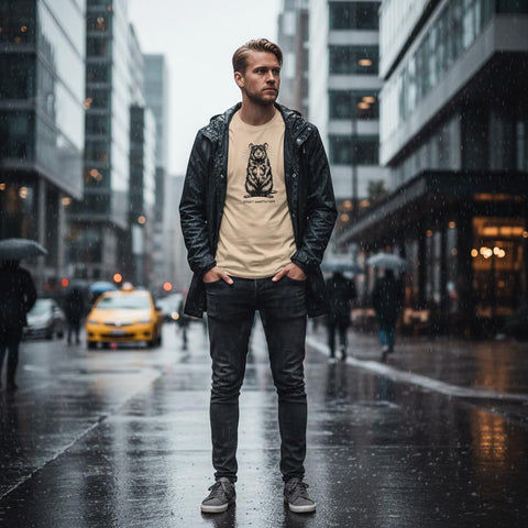 Svart detaljerad råtta med "STREET ADAPTATION" text på krämvit premium herr-t-shirt i urban miljö.