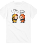 Gaming-inspirerad illustration med rymdkaraktärer och texten Bruuh på vit t-shirt