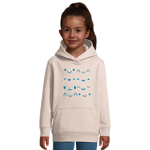 Smiley faces-tryck med blå emojimotiv på ljusbeige barnhoodie med känguruficka.