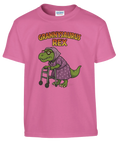 Grannysaurus Rex-tryck med tecknad dinosaurie-mormor och rullator på rosa barn-t-shirt.