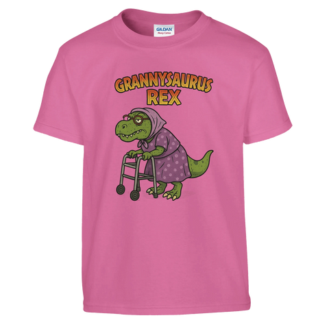 Grannysaurus Rex-tryck med tecknad dinosaurie-mormor och rullator på rosa barn-t-shirt.
