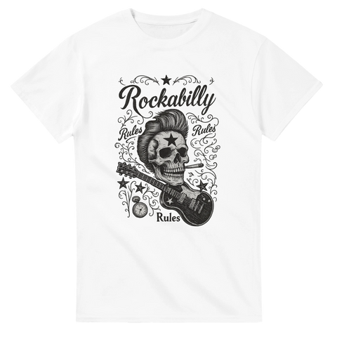 T-shirt med rockabilly-dödskalle och gitarr