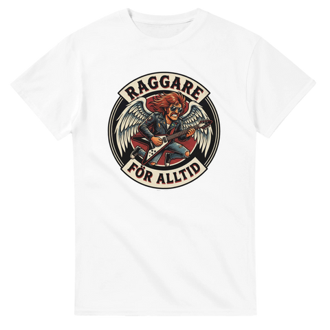 Raggare För Alltid-motiv med rockare, vingar, elgitarr på vit t-shirt.