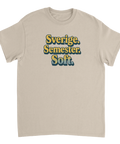 Sverige. Semester. Soft. retro-tryck i gult och blått på beige t-shirt.