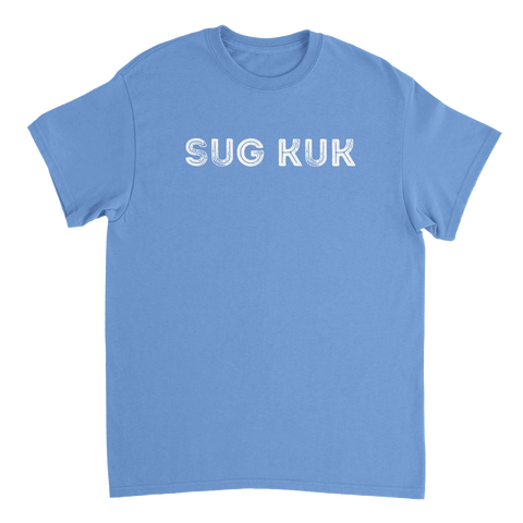 Blå t-shirt med Sug Kuk tryck för en provokativ look