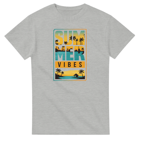 Gråmelerad t-shirt med retro illustration av solnedgång och palmer