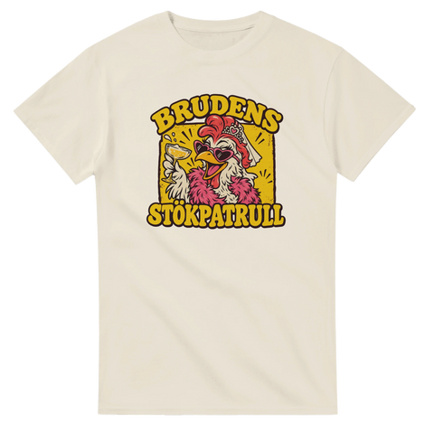 T-shirt med en festglad höna i slöja och texten Brudens stökpatrull