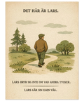 Närbild på en beige poster i retrostil med motiv av en man i keps som promenerar i naturen och humoristisk text.