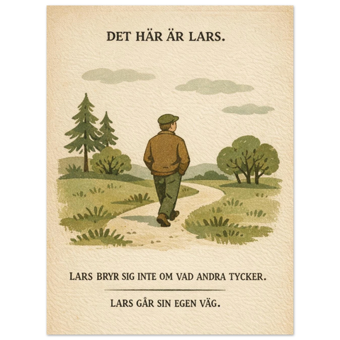 Närbild på en beige poster i retrostil med motiv av en man i keps som promenerar i naturen och humoristisk text.