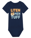 Liten men tuff" text med tigeransikte på marinblå babybody.