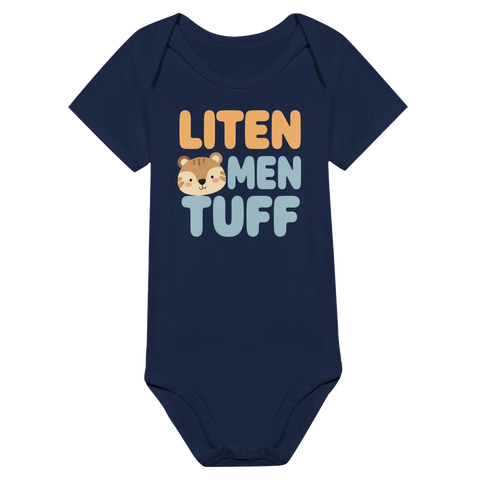 Liten men tuff" text med tigeransikte på marinblå babybody.