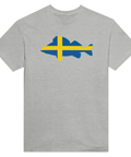 Sverigeborren fiskmotiv med svenska flaggan på grå t-shirt.