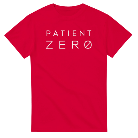Dystopisk märkning med texten Patient Zero – röd t-shirt med minimalistiskt tryck