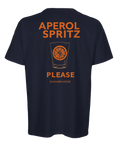 Mörkblå t-shirt med stort ryggtryck föreställande en Aperol Spritz drink
