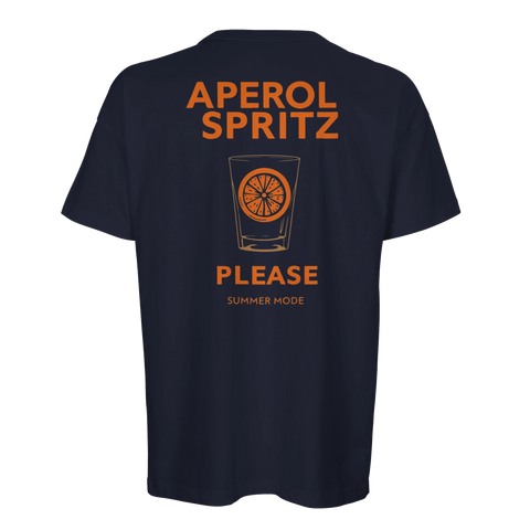 Mörkblå t-shirt med stort ryggtryck föreställande en Aperol Spritz drink