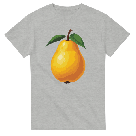 Detaljerad tecknad gul-orange päron med gröna blad och brun stjälk på grå t-shirt.