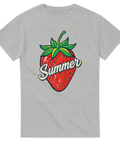 Jordgubbsmotiv med texten "Summer" på grå t-shirt.