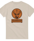 Jägarmästarn älgmotiv i orange cirkel med kors och text på beige t-shirt.