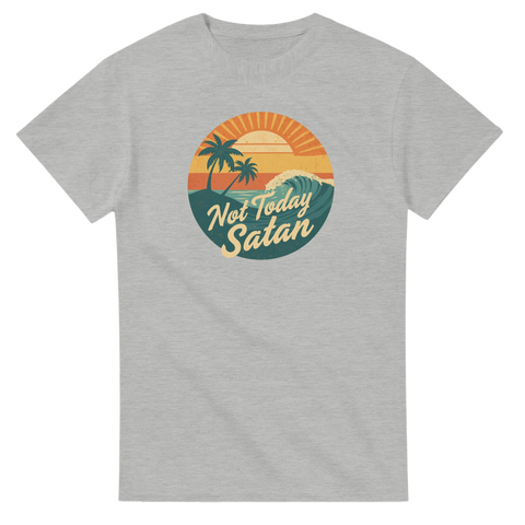 Retro "Not Today Satan" t-shirt med solnedgång, palmer och våg på grå bomullströja.
