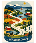 Närbild på en grafisk poster med texten I det norra landet, omgiven av stiliserad natur, skog och fjällmiljö.