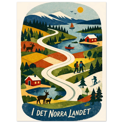 Närbild på en grafisk poster med texten I det norra landet, omgiven av stiliserad natur, skog och fjällmiljö.