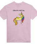 Death Metal enhörning med regnbågsman och text på ljusrosa t-shirt.