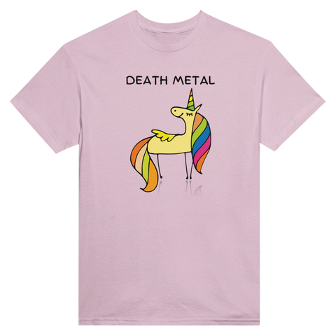 Death Metal enhörning med regnbågsman och text på ljusrosa t-shirt.