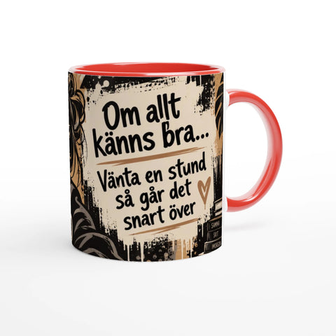 Mugg med texten Om allt känns bra och svartvit retroillustration.