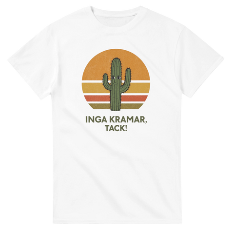 Illustration av en kaktus med texten Inga kramar tack på vit t-shirt