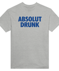 Blå textparodi med budskapet Absolut Drunk på en gråmelerad t-shirt