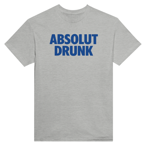 Blå textparodi med budskapet Absolut Drunk på en gråmelerad t-shirt