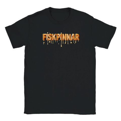 Humoristisk t-shirt med krispigt fiskpinne-motiv och lekfull typografi
