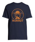 Klassisk marinblå t-shirt med orange vintagetryck föreställande skog och berg