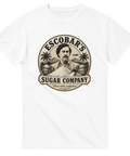 Satirisk vintage-logotyp med Pablo Escobar och socker – grafisk vit t-shirt