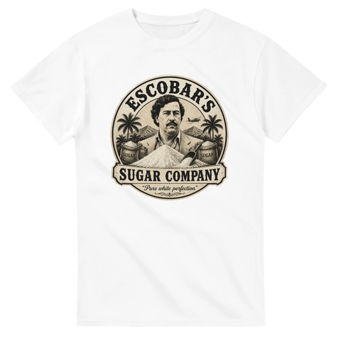 Satirisk vintage-logotyp med Pablo Escobar och socker – grafisk vit t-shirt