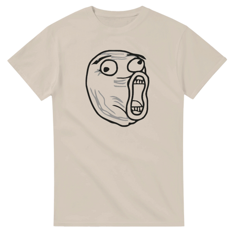 Satirisk rage face illustration för internetnostalgiker – sandfärgad grafisk t-shirt