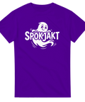 Vitt spöktryck med lekfull karaktär på lila bakgrund – grafisk t-shirt