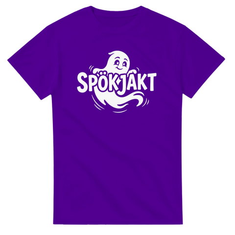 Vitt spöktryck med lekfull karaktär på lila bakgrund – grafisk t-shirt