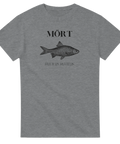 Grå t-shirt med en svart illustration av en mört och texten "MÖRT" och "RUTILUS RUTILUS".