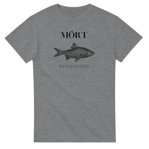 Grå t-shirt med en svart illustration av en mört och texten "MÖRT" och "RUTILUS RUTILUS".