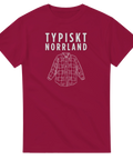Typiskt Norrland text och rutig skjorta tryck på vinröd t-shirt.