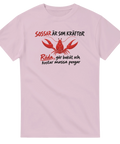 Rolig t-shirt med kräfta och text om svensk politik – ljusrosa t-shirt