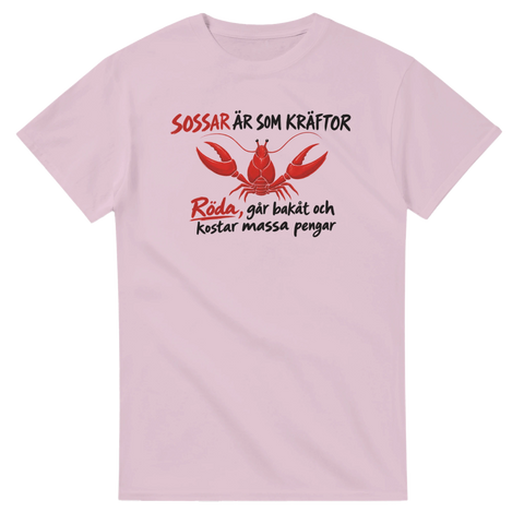 Rolig t-shirt med kräfta och text om svensk politik – ljusrosa t-shirt