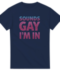 Marinblå t-shirt med Sounds Gay I'm In i glittrig finish – statement plagg
