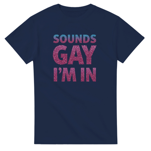 Marinblå t-shirt med Sounds Gay I'm In i glittrig finish – statement plagg