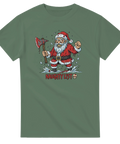 Seriemördare-tomte med blodig yxa och texten "Naughty List" på olivgrön t-shirt.