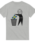 Satirisk bild av Socialdemokraternas ledare på gråmelerad t-shirt