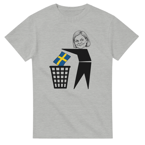 Satirisk bild av Socialdemokraternas ledare på gråmelerad t-shirt