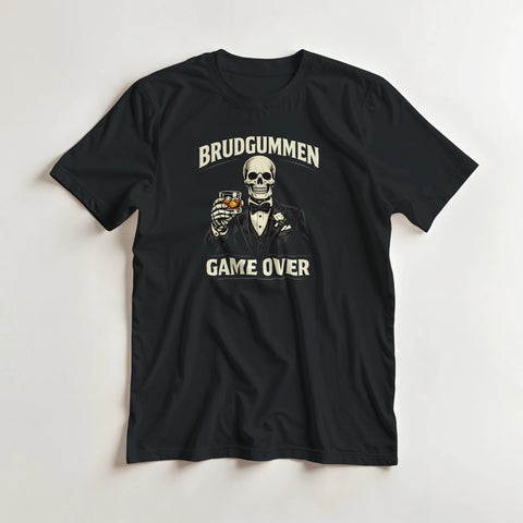Mörkt humoristiskt tryck med texten Brudgummen Game Over på tröja